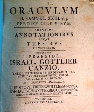 Oraculum II. Samuel XXIII, v. 5 perdifficile visum : brevibus annot. atque thesibus illustratum