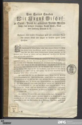 Von Gottes Gnaden Wir August Bischof zu Speier...