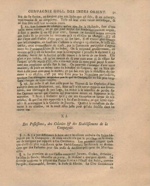 XI. Des possessions, des colonies & des etablissemens de la Compagnie