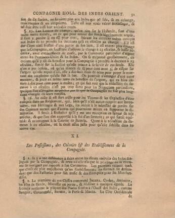 XI. Des possessions, des colonies & des etablissemens de la Compagnie