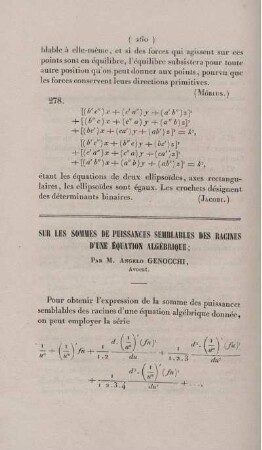 Sur les sommes de puissances semblables des racines d´une équation algèbrique.