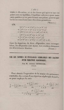 Sur les sommes de puissances semblables des racines d´une équation algèbrique.