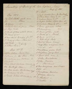 Inventarliste Persönliche Gegenstände des verstorbenen Captain Jervis