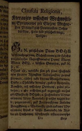 Clausula Religionis, kterauzto wssychni Wrchnostiliwj Spráwcowé[...]