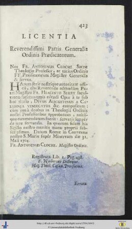 Licentia Reverendissimi Parris Generalis Ordinis Praedicatorum.