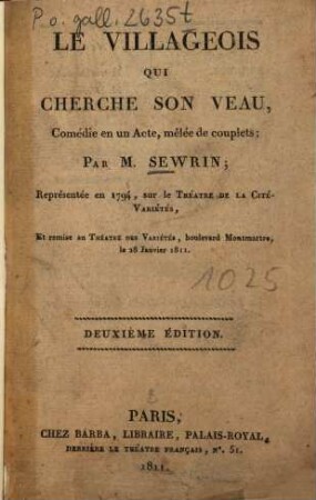 Le villageois qui cherche son veau : Comédie en un acte, mêlée de couplets