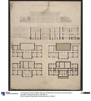 Stettin (Szczecin). Entwurf zum Gymnasium. Ansicht, Aufriss, Schnitte, Grundrisse