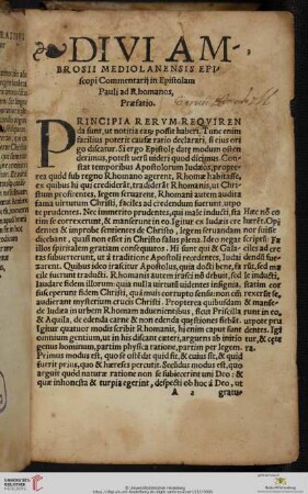 Divi Ambrosii Mediolanensis Episcopi Commentarij in Epistolam Pauli ad Rhomanos