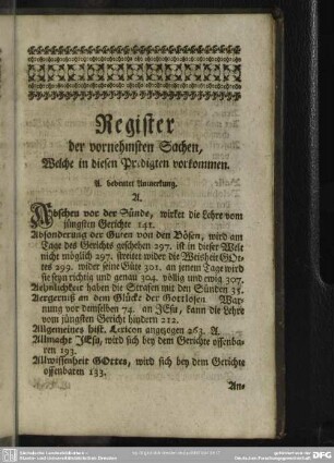 Register der vornehmsten Sachen, Welche in diesen Predigten vorkommen