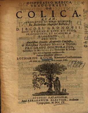 Disputatio Medica Inauguralis De Colica