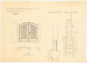 Bauaufnahmen im Büro Encke, Köln: Tor am Garten Feinhals, Köln-Marienburg, Grundriss, Ansicht 1:20, Detail 1:2