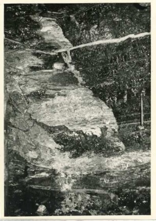 Dresden-Gittersee. Grubenfeld Gittersee. 2. Sohle. Schräger Anschnitt eines Kammes am Nord-Stoß des Abbaus am Aufhauen 6 [Grubenbau im aufsteigenden Flöz] nördlich der Strecke 401 Ost, etwa 4 m vom großen Kamm entfernt. 1. Flöz; oben rechts die Große Lette, unten die Fremde Lette