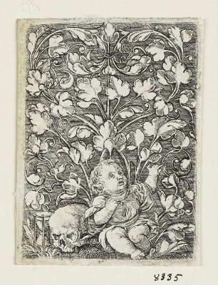 Knabe mit Sanduhr, Totenschädel und Laubwerk