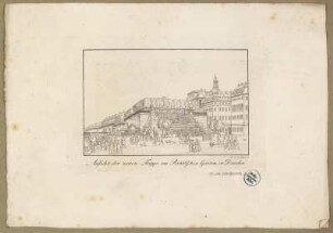 Blick auf die Treppe der Brühlschen Terrasse, mit dem Fürstenbergschen Haus (Finanzhaus) und dem Palais Brühl, Radierung um 1820 : Ansicht der neuen Treppe am Brühlschen Garten zu Dresden / bei C. F. Sprinck. - [Dresden] , [ca. 1820]. - 1 Kunstblatt : kolorierte Radierung ; 12,6 x 8,1 cm