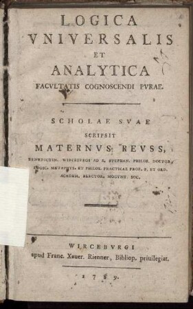 Logica Universalis Et Analytica Facultatis Cognoscendi Purae