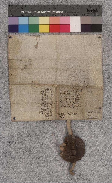 Konrad Sne, Bürger zu Salzungen (Salzcungen), verkauft mit Zustimmung seiner Ehefrau Euphemia (Venie) und seiner Erben dem Priester Ludwig von Fischbach (Vischpach), seinem Schwager, drei Pfund jährlicher Gülte für gezahlte 30 Pfund Heller. Davon sind je 30 Schilling Gülte an Michaelis [29. Sept.] und an Walpurgis [1. Mai] fällig, erstmals am Fest des hl. Michael über ein Jahr; bei Säumnis kann der Käufer nach Mahnung Pfänder nehmen. Bei beabsichtigtem Verkauf der Gülte hat der Aussteller ein Vorkaufrecht. Auf seine Bitten kündigen Albrecht Stichling und Dietrich (Dieczel) Schrimph, Bürgermeister zu Salzungen, das Stadtsiegel an. Zeugen: Heinrich Schenkel, Ludwig (Lutz) Reinhard, Konrad von Waltershausen (Waltirshn.), Nikolaus von Fulda (Fulde), Heinrich Mestekoph (Mes-) und andere.