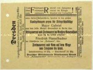 Ankündigung einer Veranstaltung des Deutschen Militärvereins Blankenauer Grund mit einer Rede von Friedrich Hasselbacher in Dresden