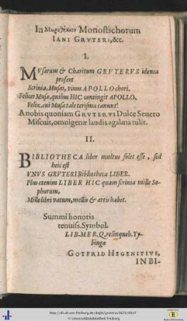 In Myrothekion Monostichorum Jani Gruteri.