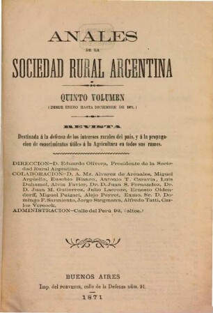 Anales de la Sociedad Rural Argentina : revista pastoril y agrícola. 5, 5. 1871