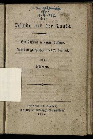 Der Blinde und der Taube : ein Lustspiel in einem Aufzuge
