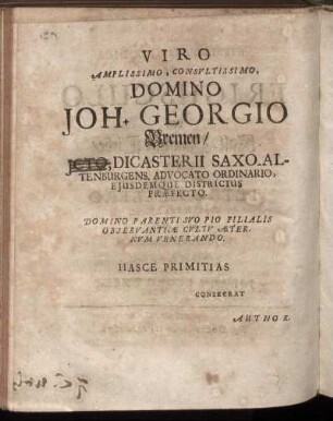 Viro Amplissimo, Consultissimo Domino Joh. Georgio Bremen [...]