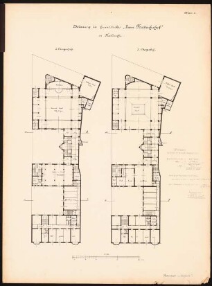 Brauerei-Ausschank mit Hotel »Zum Friedrichshof«, Karlsruhe: Grundrisse 2.OG, 3.OG 1:200