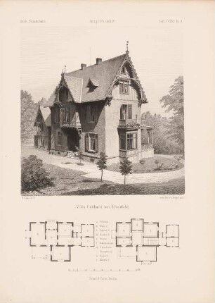 Villa Gebhard, Elberfeld: Grundrisse, Perspektivische Ansicht (aus: Architektonisches Skizzenbuch, H. 127/4, 1874)
