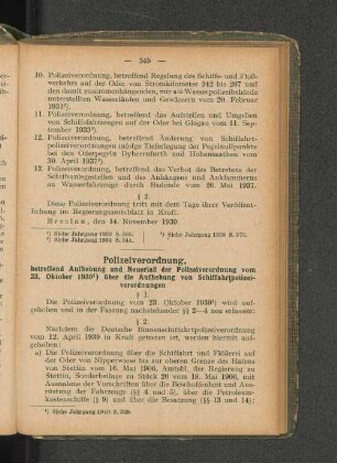 Polizeiverordnung, betreffend Aufhebung und Neuerlaß der Polizeiverordnung vom 23. Oktober 1939 1) über die Aufhebung von Schiffahrtpolizeiverordnungen