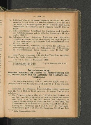 Polizeiverordnung, betreffend Aufhebung und Neuerlaß der Polizeiverordnung vom 23. Oktober 1939 1) über die Aufhebung von Schiffahrtpolizeiverordnungen