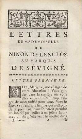 Lettres de Mademoiselle de Ninon de Lenclos au Marquis de Sévigné. 1