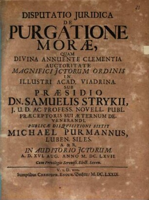 Disputatio Juridica De Purgatione Morae