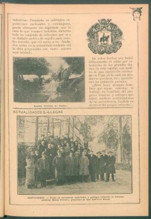 Actualidades gallegas : Pontevedra - [Retrato de un] Grupo de periodistas madrileños y gallegos visitando la hermosa posesión Monte Porreiro, propiedad de Don Casimiro Gómez
