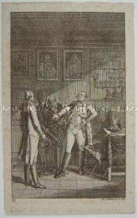 Radierung von Daniel Nikolaus Chodowiecki zu dem satirischen Roman "Candide" von Voltaire.