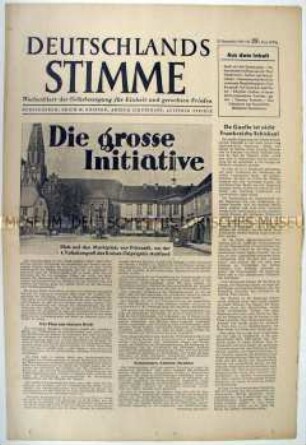 Wochenzeitung der "Volksbewegung für Einheit und gerechten Frieden" u.a. zum Volkskongress des Kreises Ostpriegnitz und zum Verbot der Bewegung in den Westzonen
