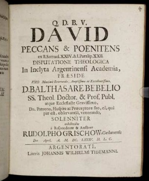 David Peccans & Poenitens : ex II. Samuel. XXIV. & I. Paralip. XXII.