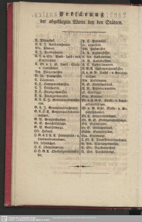 Erklärung der abgekürzten Worte der Wohnungen sämmtlicher Herren Stände von Ritterschaft und Städten