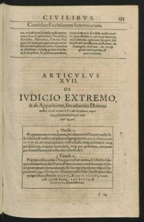 Articulus XVII. De Iudicio Extremo, & de Apparitione, seu adventu Domini nostri Iesu Christi ...