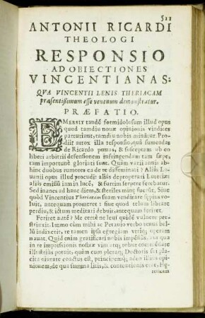 Antonii Ricardi Theologi Responsio Ad Obiectiones Vincentianas.