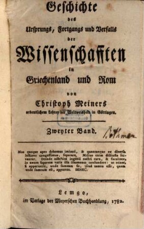 Geschichte des Ursprungs, Fortgangs und Verfalls der Wissenschaften in Griechenland und Rom, 2