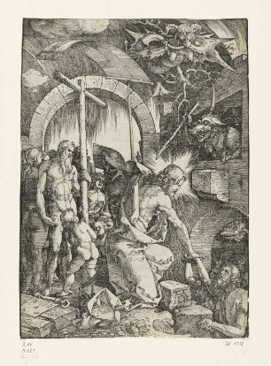 Christus in der Vorhölle, Blatt 11 aus: "Passio domini nostri Jesu ex hieronymo Paduano Dominico Mancino Sedulio et Baptista Mantuano per fratrem Chelidonium collecta cum figuris Alberti Dureri Norici Picoris", Nürnberg 1511