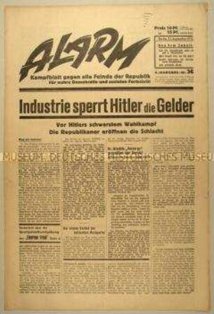 Republikanische Wochenzeitung "Alarm" u.a. zur Finanzierung der NSDAP