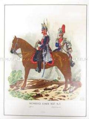 Uniformdarstellung, Offizier und Stabstrompeter des Rheinischen Ulanen-Regiments No. 7 zu Pferd, Preußen, 1864. Tafel 62 aus: Schindler: Militair-Album.