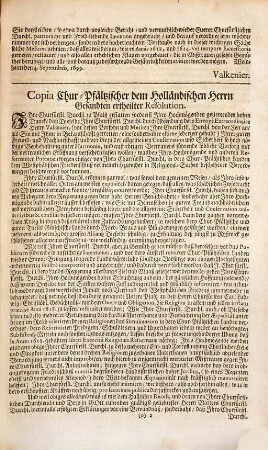 Proposition deß Holländischen Herrn Abgesandtens, von Valkenier, an Seine Churfürstl. Durchl. zu Pfaltz, vom 4. Septembris 1699.
