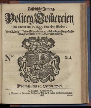 Nro. XLI, Montags, den 10. Octobr 1746