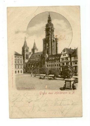 "St. Kilianskirche" - Marktplatz und Außenansicht der Kilianskirche von Nordwesten und den Häusern Kaiserstraße 32 und 34, mit Robert-Mayer-Denkmal und Marktständen