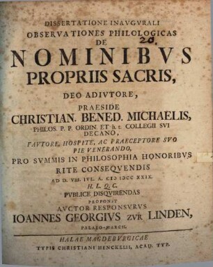 Observationes philol. de nominibus propriis sacris