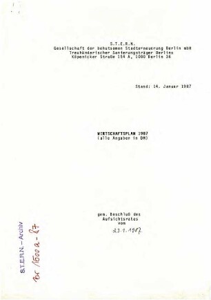 Wirtschaftsplan: S.T.E.R.N. 1987