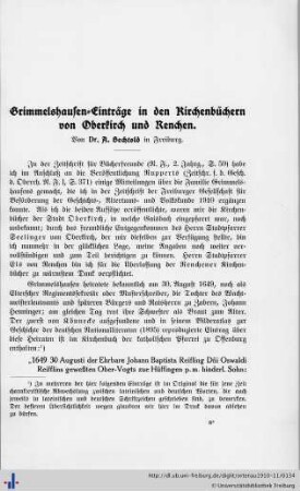 Grimmelshausen-Einträge i.d. Kirchenbüchern von Oberkirch und Renchen (Bechthold), Straßenpflege der ehem. Reichsstadt Gengenbach (Hellinger)