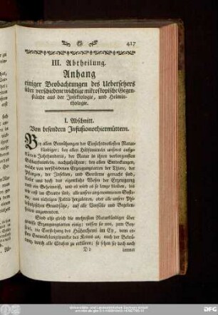III. Abtheilung. Anhang einiger Beobachtungen des Uebersetzers über verschiedene wichtige mikroskopische Gegenstände aus der Insektologie, und Helminthologie.