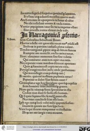 In Narrogonicam profectionem celeusma Sebastiani Brant.